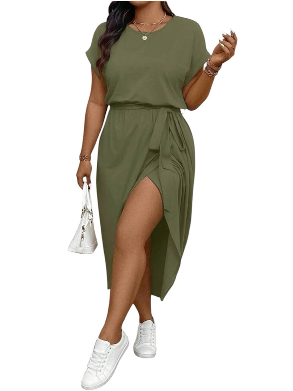 Shein Plus Size 2XL / 16 Army Green Asymmetrical Hem Belted Casual Maxi Dress